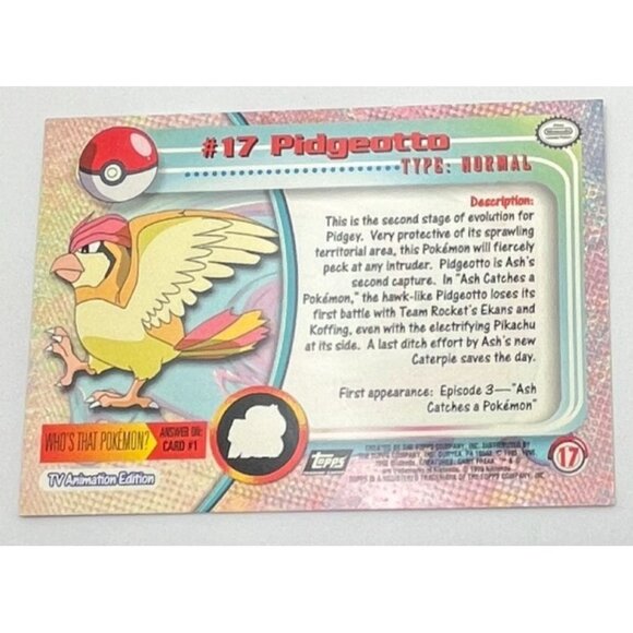 Pidgeotto Pokemon Card Topps #17 TV Animation Edition Series Black Logo - Picture 2 of 6